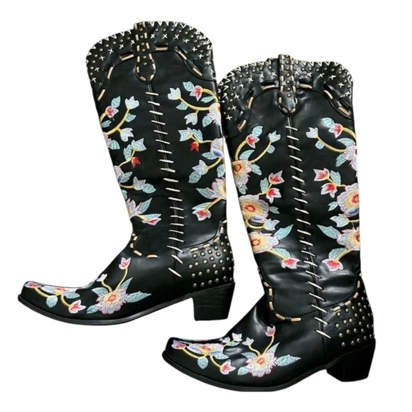 Pointed Toe Knee High Boots Embroidered 2" Heel Faux Leather Cowgirl Boots Sz 6 - Picture 4 of 10